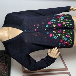 Silk Black Vneck Cardigan with Colorful Ribbon & Sequin Flower Design Small